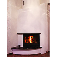 Харьков, область. Угловой камин, каминная топка, облицовка Hi-Tech, мрамор.